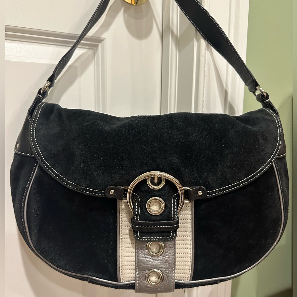 Cole Haan Black Suede Flap Bag Hobo Shoulder LARGE Purse